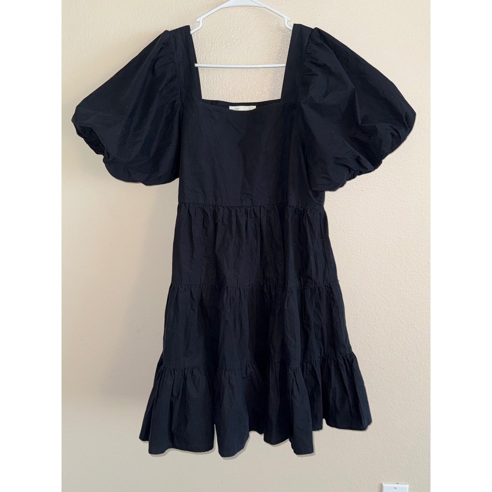 Oak + Fort Black Puff Sleeve Tiered Mini Dress Square Neck Babydoll Large